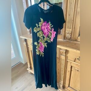 Vintage 90s Carole Little maxi dress, black with pink flowers, size 6 (S/M)